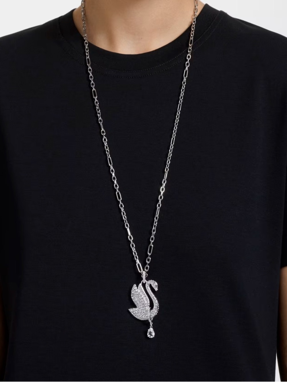 Swarovski Swan Long Necklace White Rhodium Plated Crystal Pendant